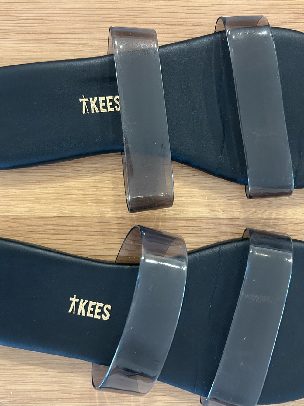 TKEES Black Footbed Clear Double-Strap Slides